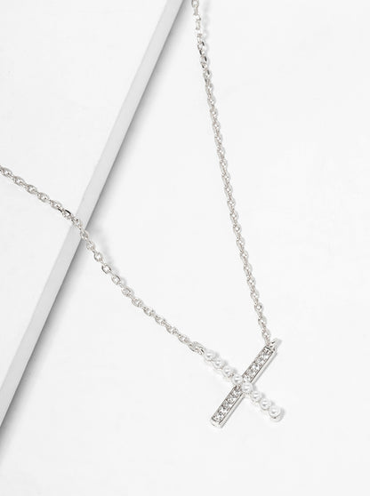 White Gold Dipped CZ And Pearl Beaded X Shape Pendant Delicate Necklace