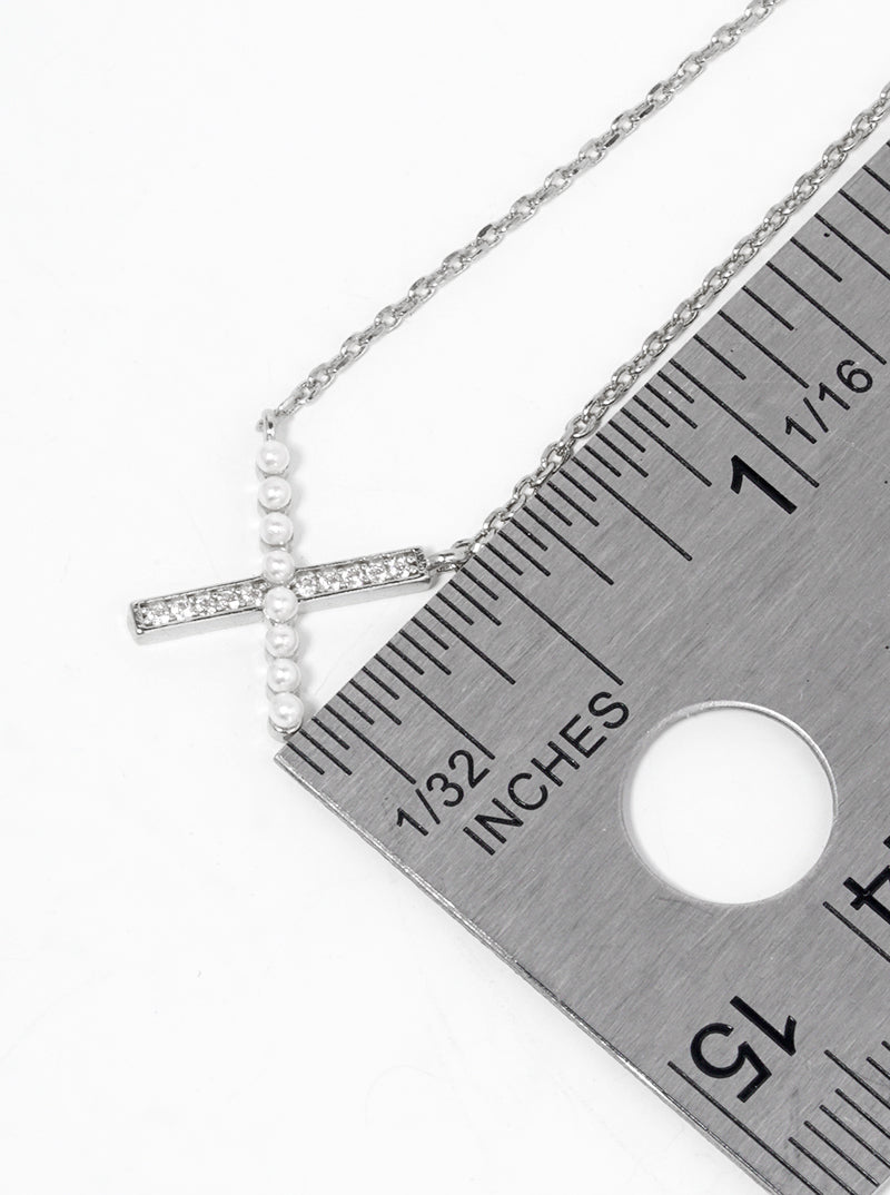 White Gold Dipped CZ And Pearl Beaded X Shape Pendant Delicate Necklace