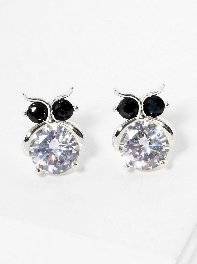 White Gold Dipped CZ Owl Post Stud Earrings