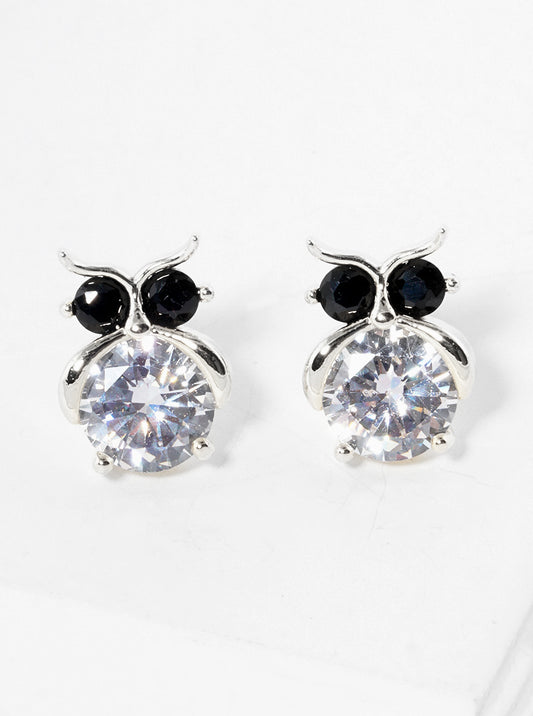 White Gold Dipped CZ Owl Post Stud Earrings