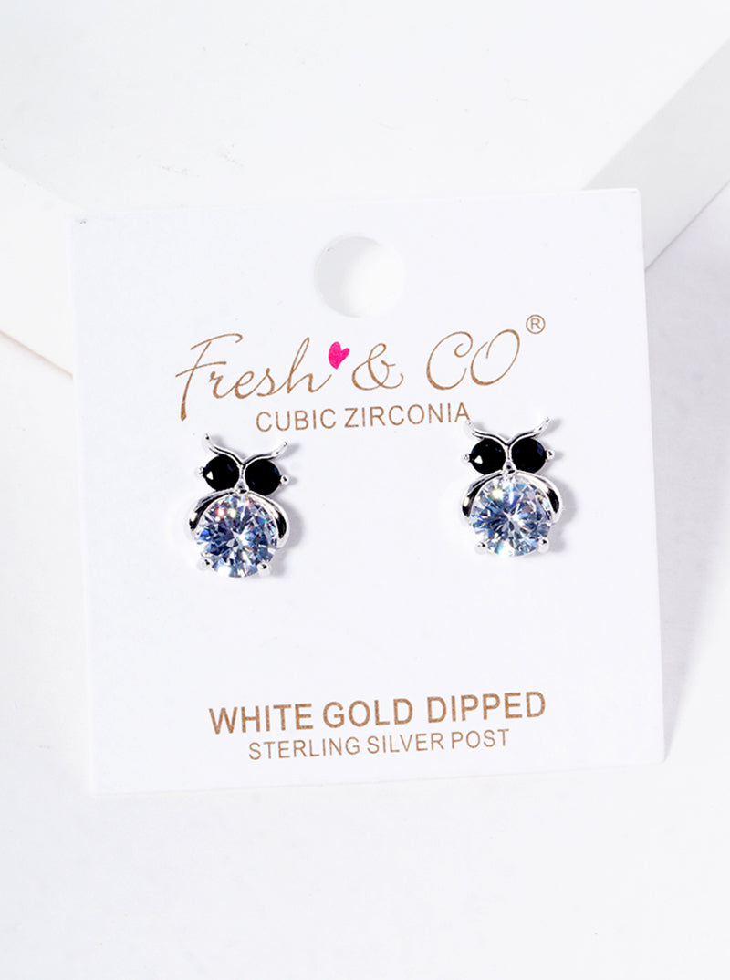 White Gold Dipped CZ Owl Post Stud Earrings