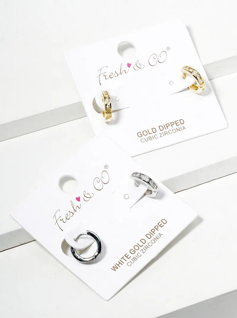 White Gold Dipped CZ Pave 10mm Huggie Hoop Earrings