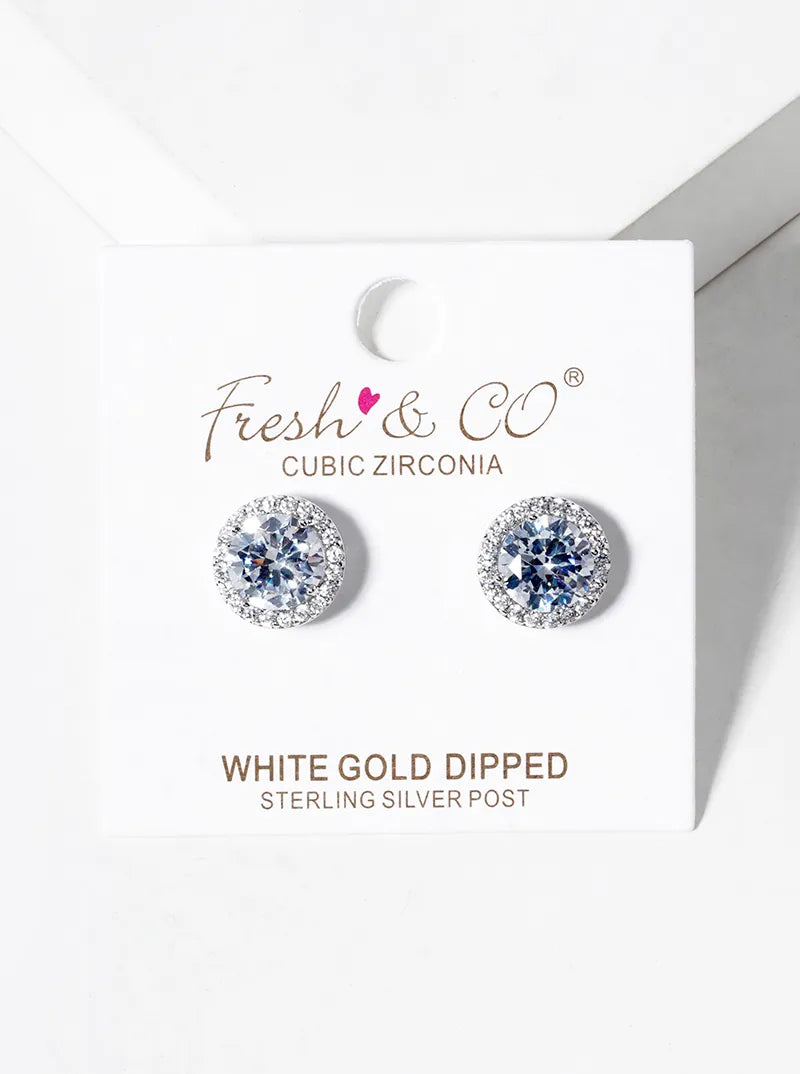 White Gold Dipped CZ Pave 4-prong Cubic Zirconia Post Stud Earrings