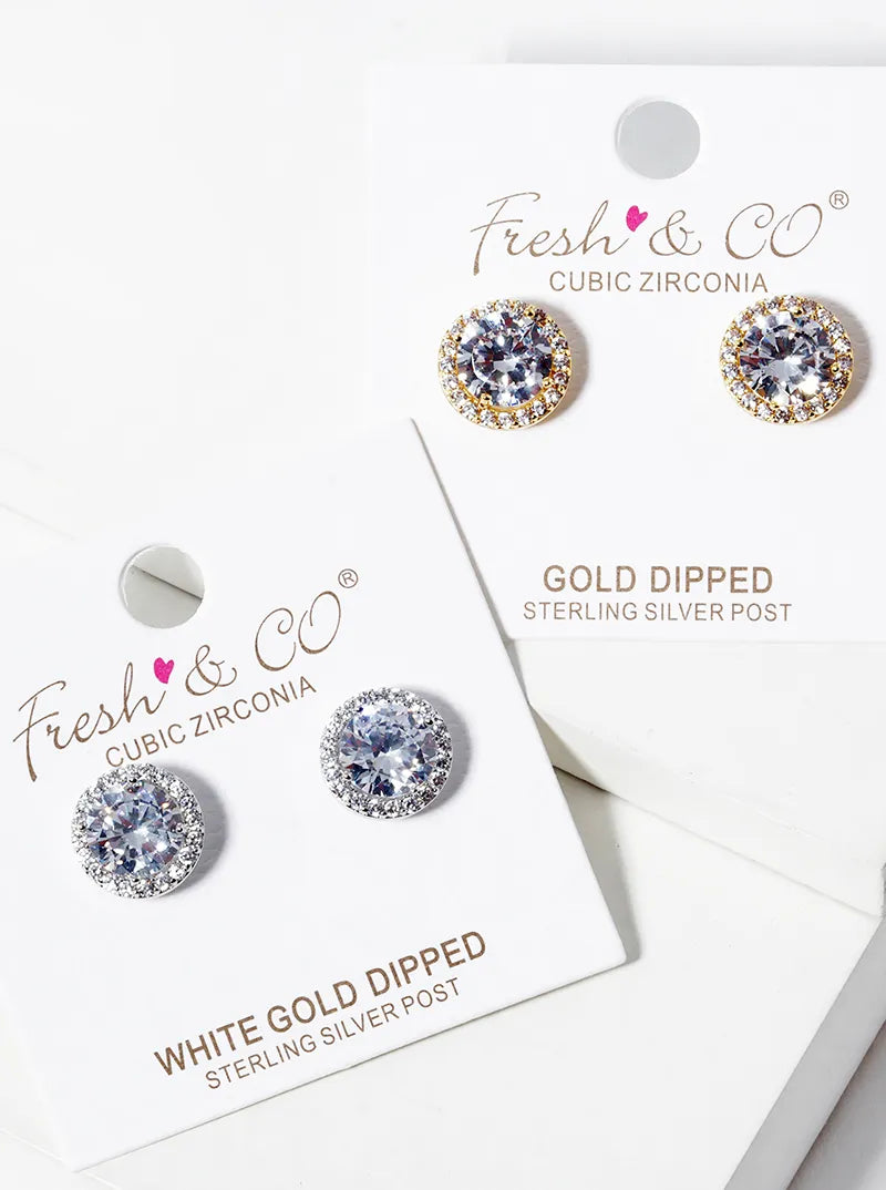 White Gold Dipped CZ Pave 4-prong Cubic Zirconia Post Stud Earrings