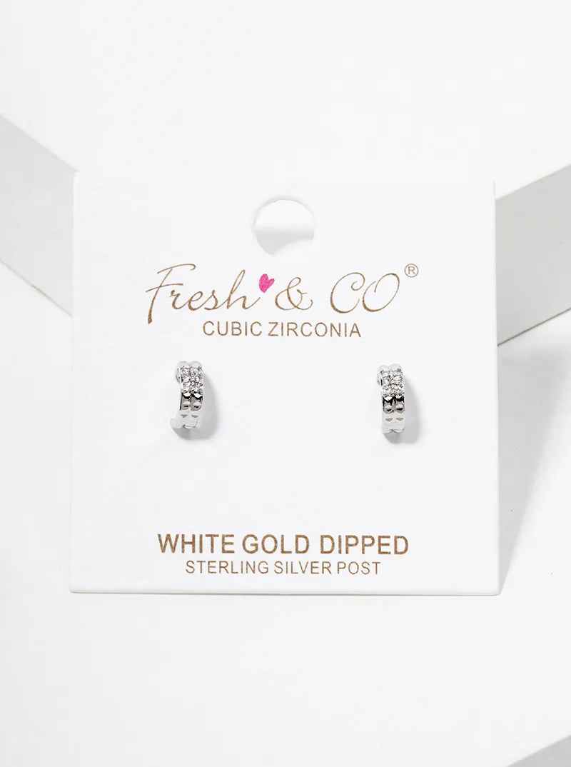 White Gold Dipped CZ Pave 7mm Dainty Open Hoop Earrings