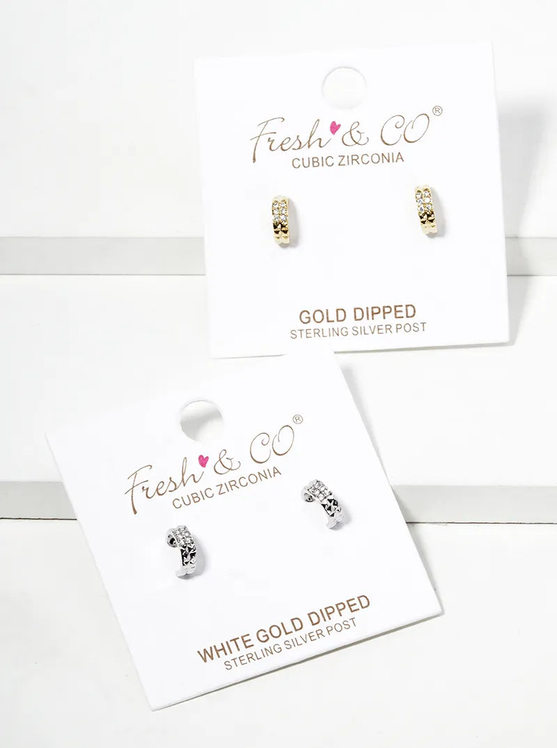 White Gold Dipped CZ Pave 7mm Dainty Open Hoop Earrings