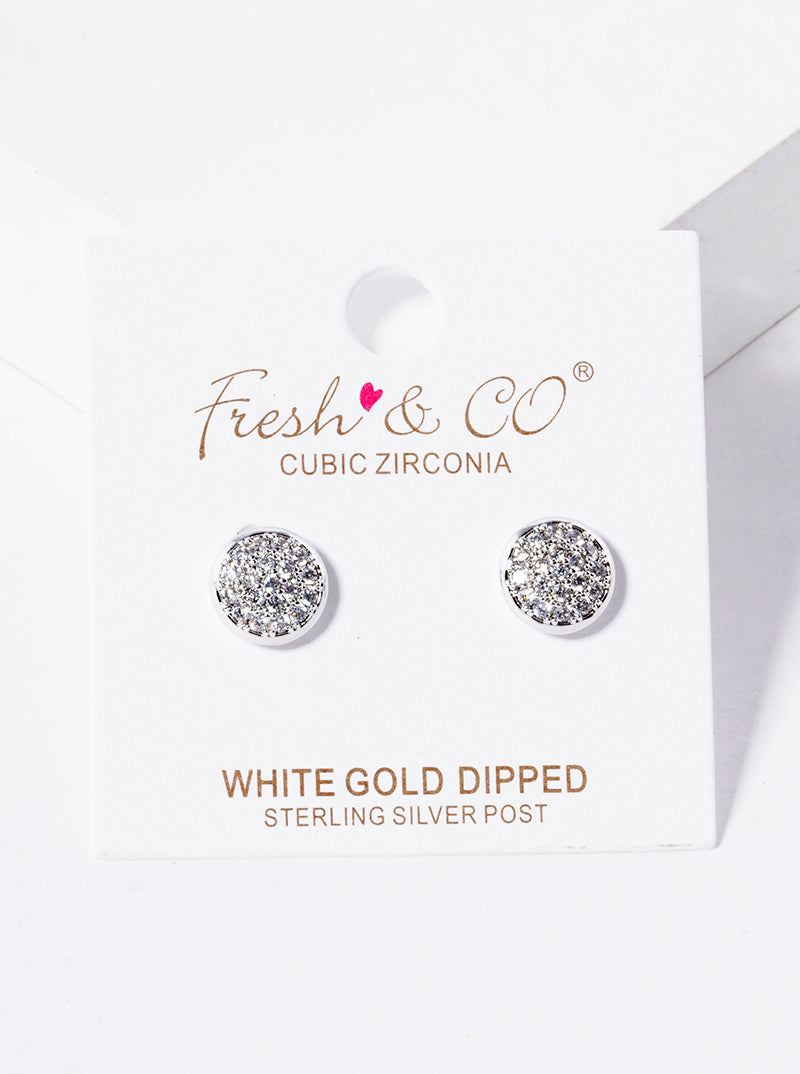 White Gold Dipped CZ Pave 9mm Round Post Stud Earrings
