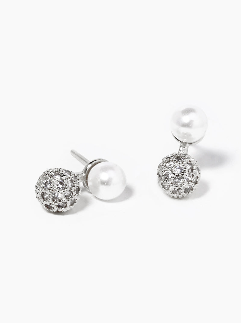 White Gold Dipped CZ Pave Ball Drop Pearl Post Stud Earrings