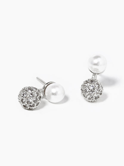 White Gold Dipped CZ Pave Ball Drop Pearl Post Stud Earrings