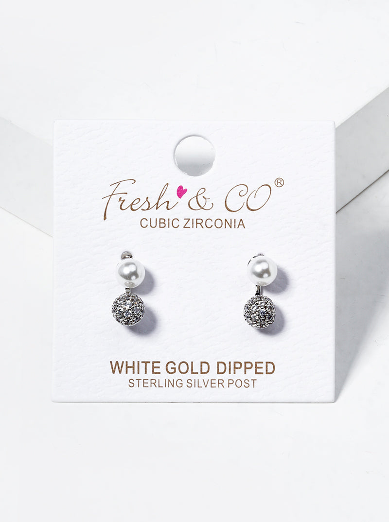White Gold Dipped CZ Pave Ball Drop Pearl Post Stud Earrings