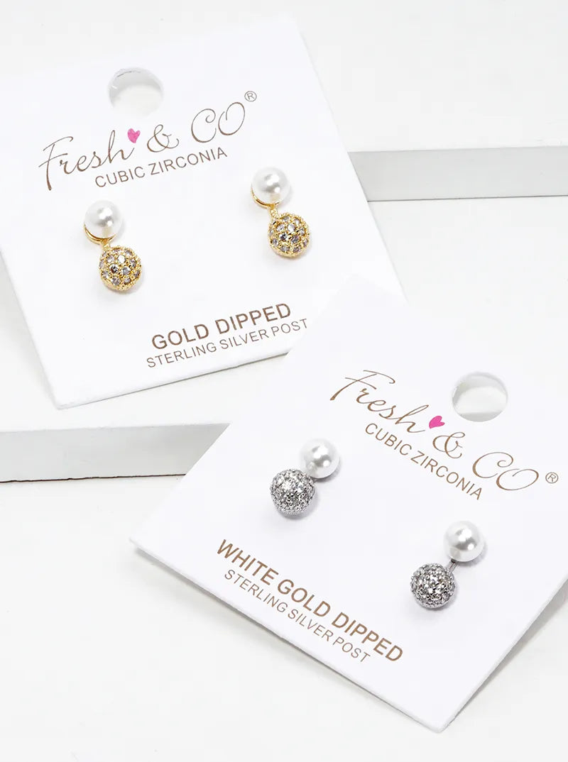 White Gold Dipped CZ Pave Ball Drop Pearl Post Stud Earrings