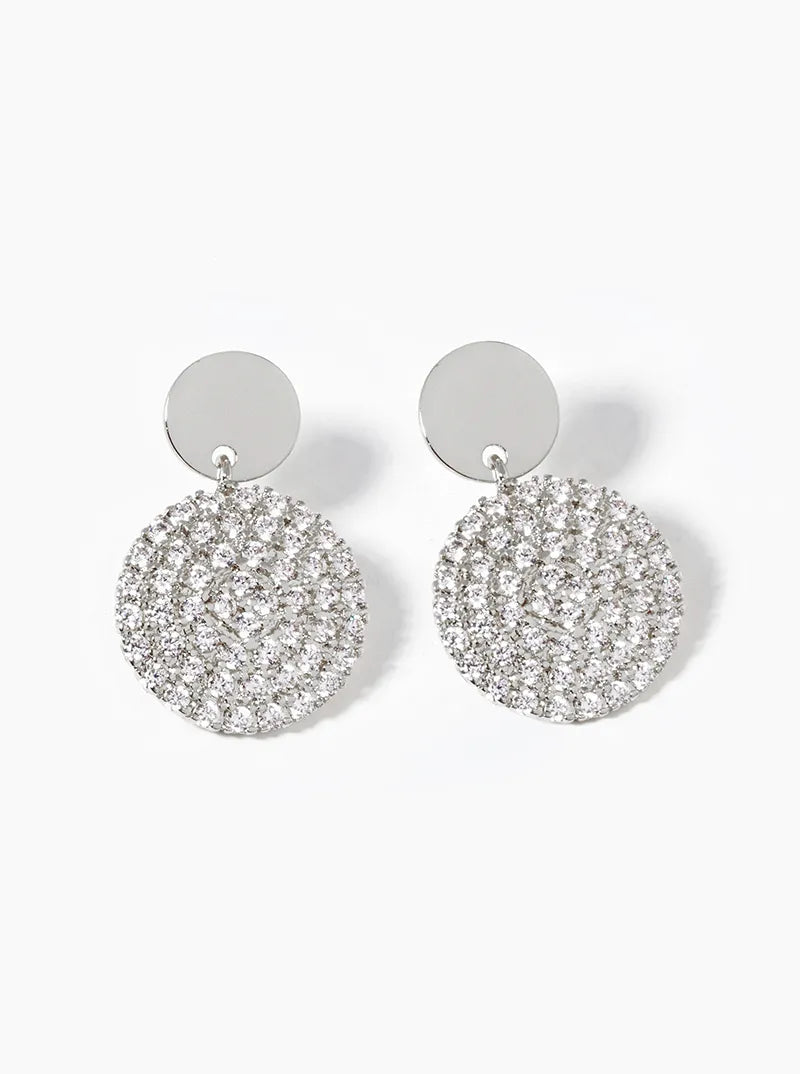 White Gold Dipped CZ Pave Circle Drop Dangle Post Earrings