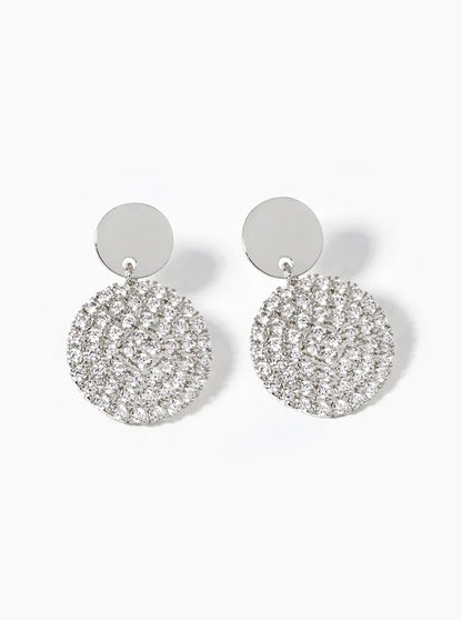 White Gold Dipped CZ Pave Circle Drop Dangle Post Earrings