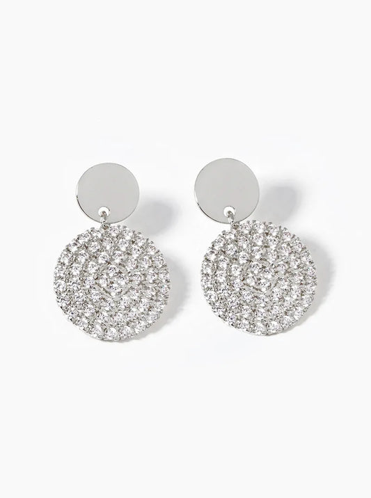 White Gold Dipped CZ Pave Circle Drop Dangle Post Earrings