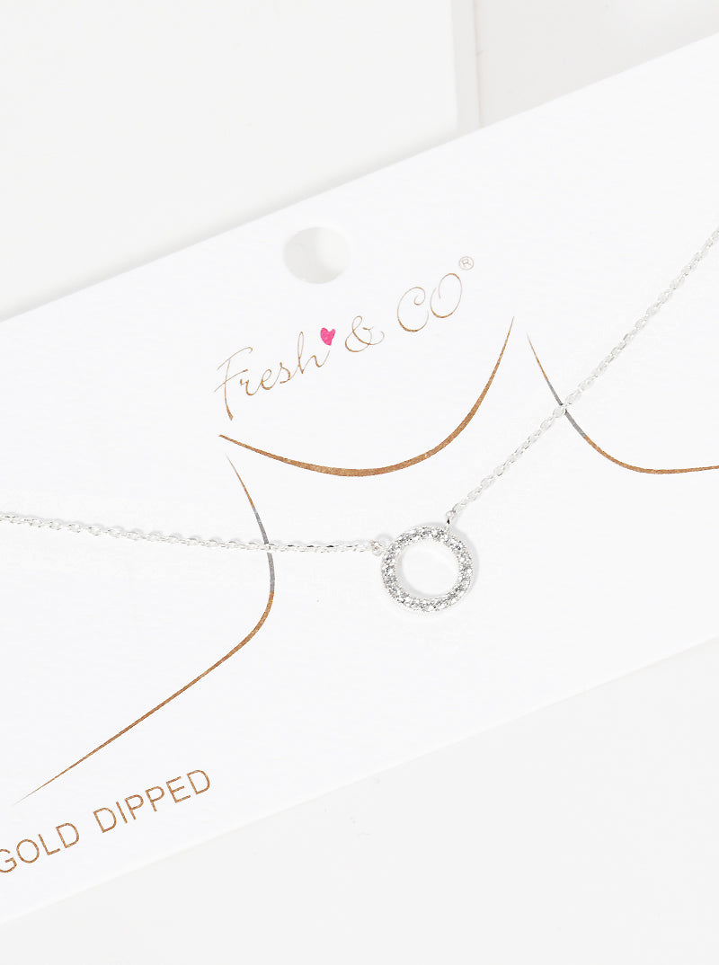 White Gold Dipped CZ Pave Circle Pendant Delicate Necklace