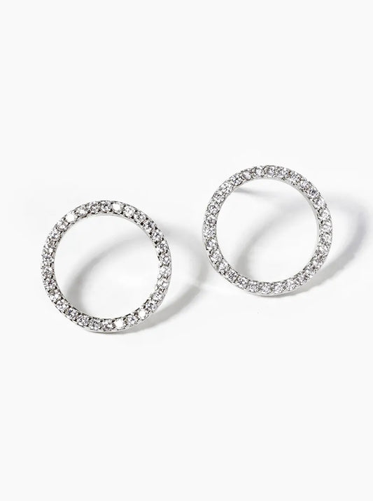 White Gold Dipped CZ Pave Circle Post Stud Earrings