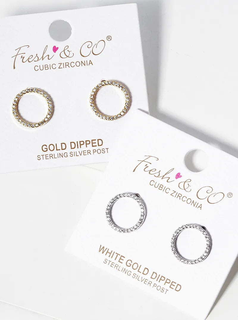 White Gold Dipped CZ Pave Circle Post Stud Earrings