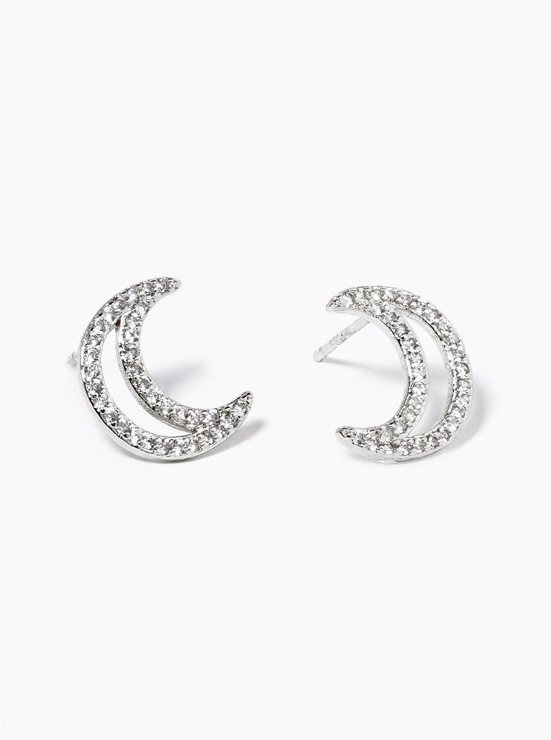 18k Gold Dipped CZ Pave Crescent Moon Post Stud Earrings