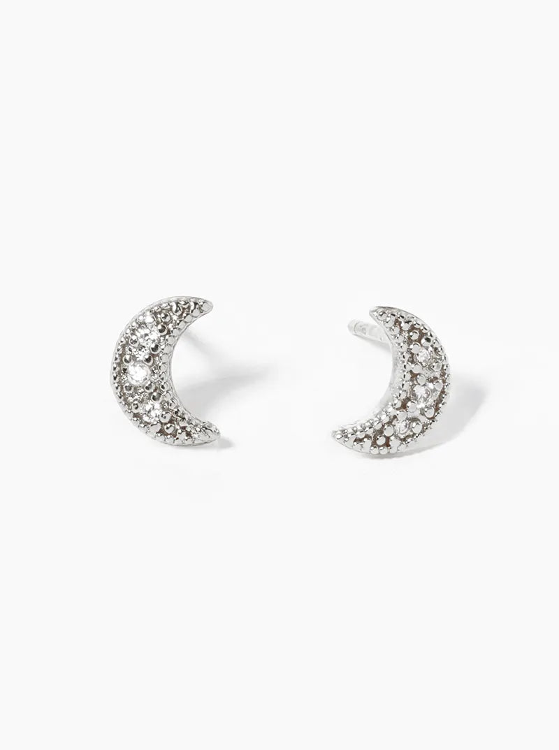White Gold Dipped CZ Pave Crescent Moon Post Stud Earrings