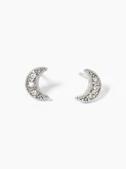 White Gold Dipped CZ Pave Crescent Moon Post Stud Earrings