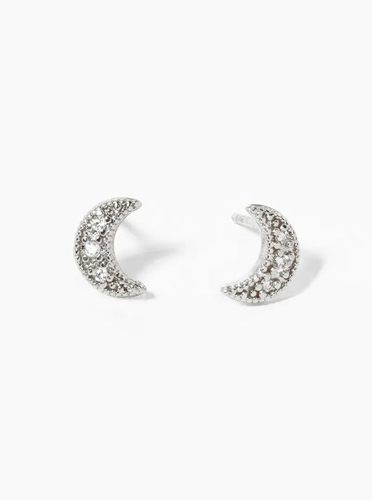 White Gold Dipped CZ Pave Crescent Moon Post Stud Earrings