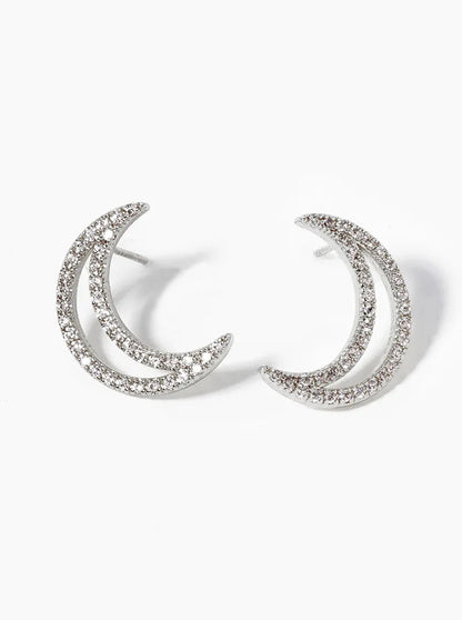 White Gold Dipped CZ Pave Crescent Moon Post Stud Earrings