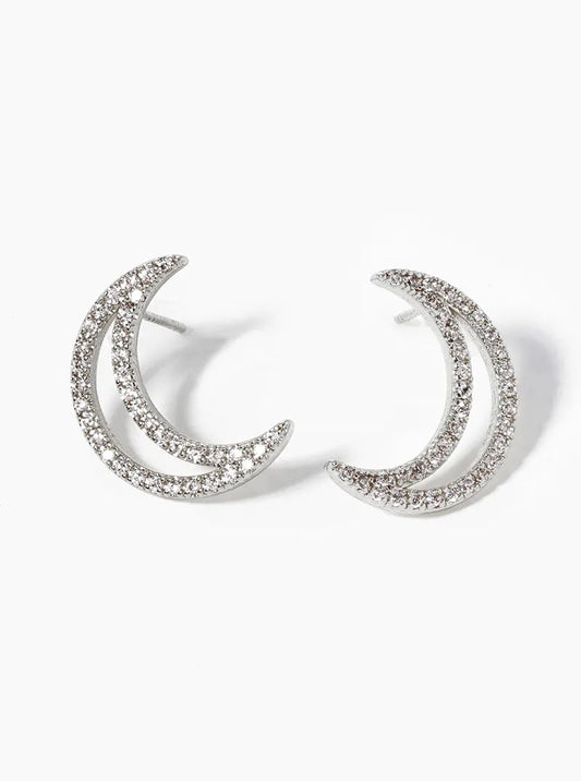 White Gold Dipped CZ Pave Crescent Moon Post Stud Earrings