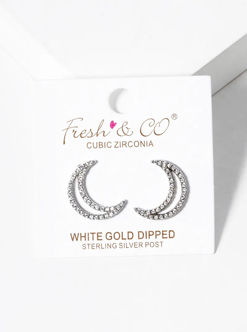 White Gold Dipped CZ Pave Crescent Moon Post Stud Earrings