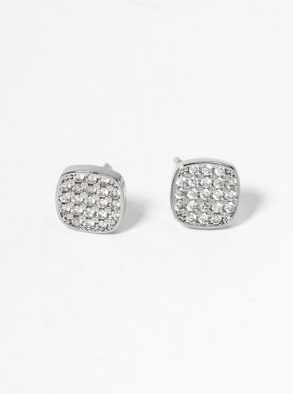White Gold Dipped CZ Pave Dainty Rounded Square Post Stud Earrings