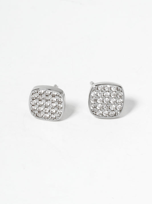 White Gold Dipped CZ Pave Dainty Rounded Square Post Stud Earrings
