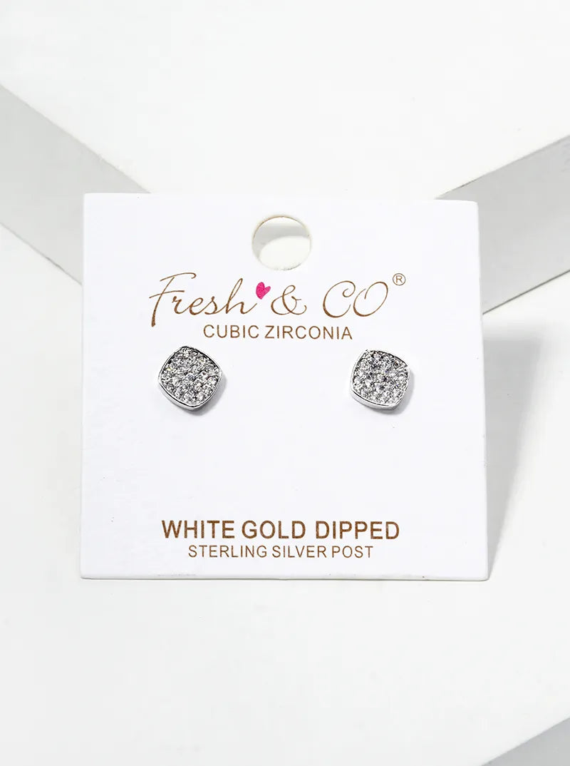White Gold Dipped CZ Pave Dainty Rounded Square Post Stud Earrings