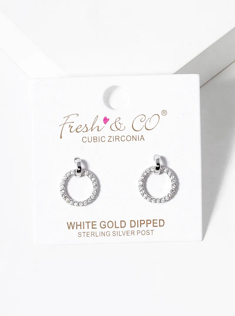 White Gold Dipped CZ Pave Delicate Door Knocker Dangle Post Earrings