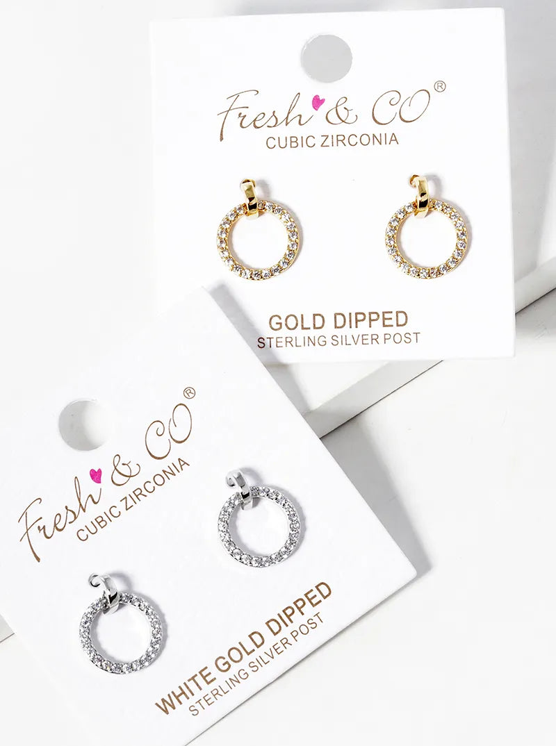 White Gold Dipped CZ Pave Delicate Door Knocker Dangle Post Earrings