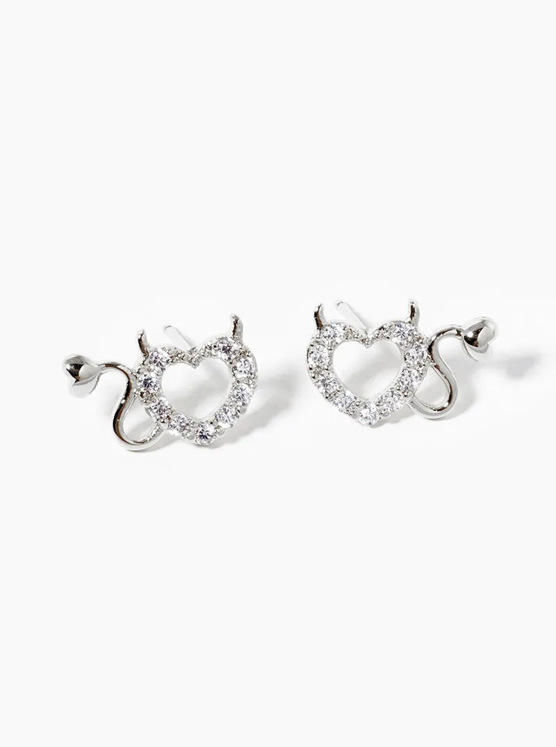 White Gold Dipped CZ Pave Devil Heart Post Stud Earrings