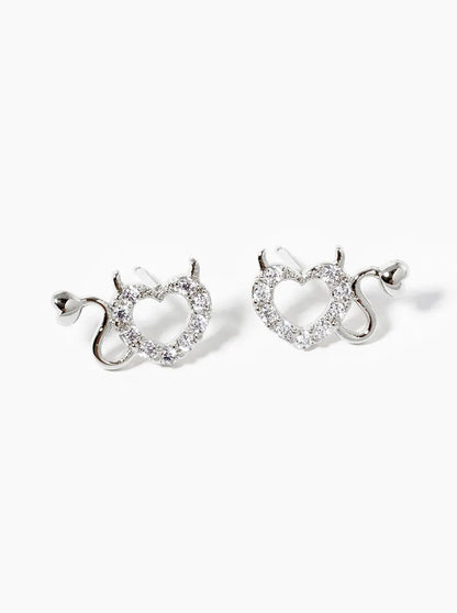 White Gold Dipped CZ Pave Devil Heart Post Stud Earrings