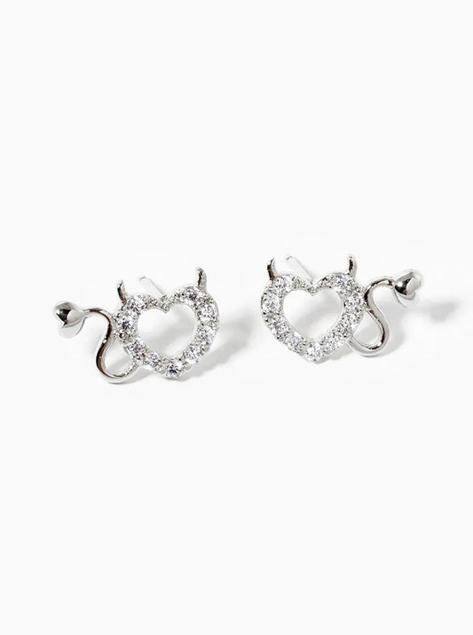 White Gold Dipped CZ Pave Devil Heart Post Stud Earrings