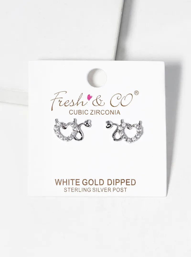 White Gold Dipped CZ Pave Devil Heart Post Stud Earrings