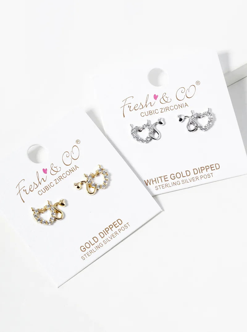 White Gold Dipped CZ Pave Devil Heart Post Stud Earrings