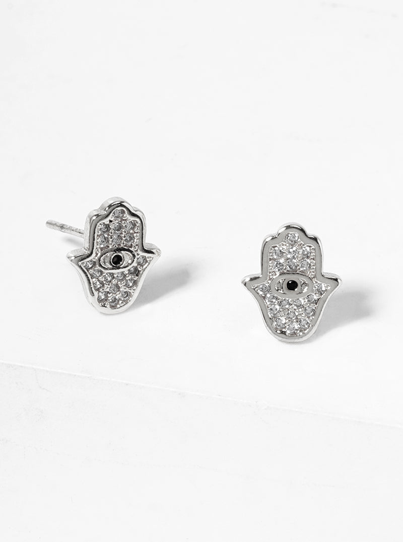 White Gold Dipped CZ Pave Hamsa Dainty Post Stud Earrings