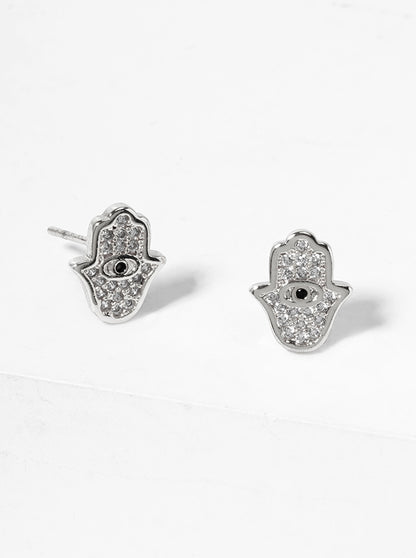 White Gold Dipped CZ Pave Hamsa Dainty Post Stud Earrings
