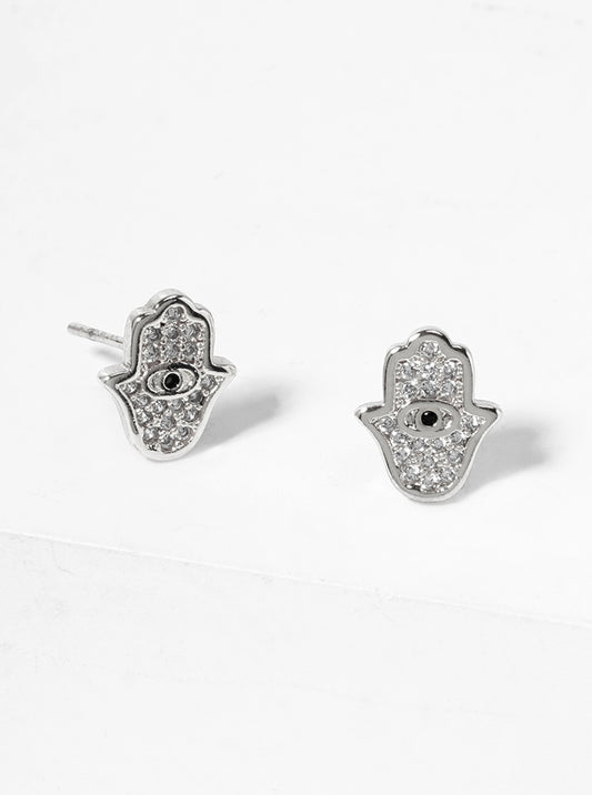 White Gold Dipped CZ Pave Hamsa Dainty Post Stud Earrings