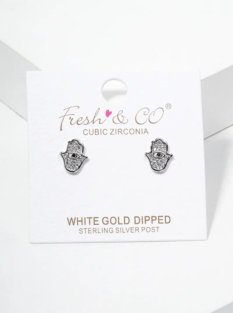 White Gold Dipped CZ Pave Hamsa Dainty Post Stud Earrings