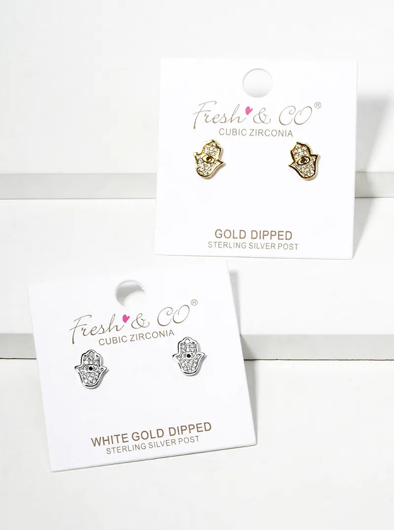 White Gold Dipped CZ Pave Hamsa Dainty Post Stud Earrings