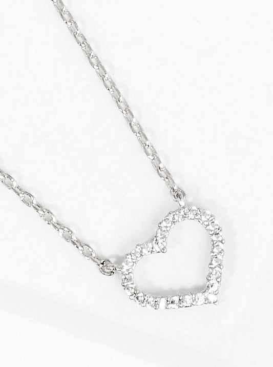 White Gold Dipped CZ Pave Heart Pendant Delicate Necklace