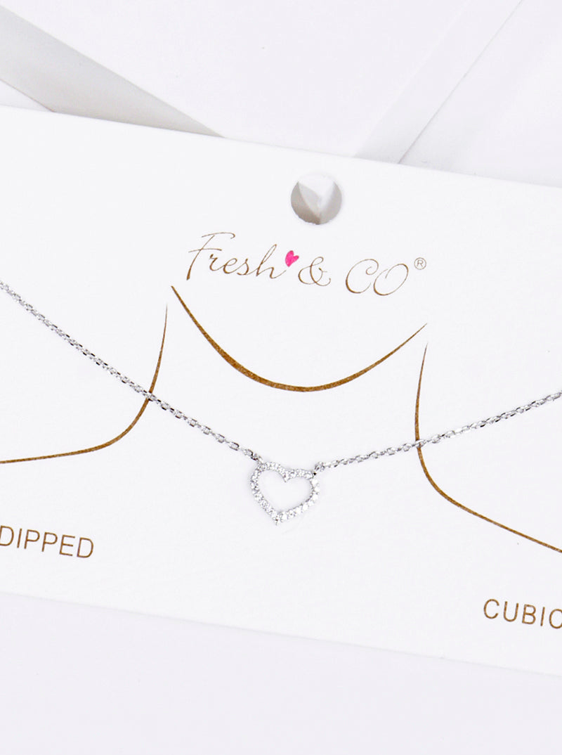 White Gold Dipped CZ Pave Heart Pendant Delicate Necklace