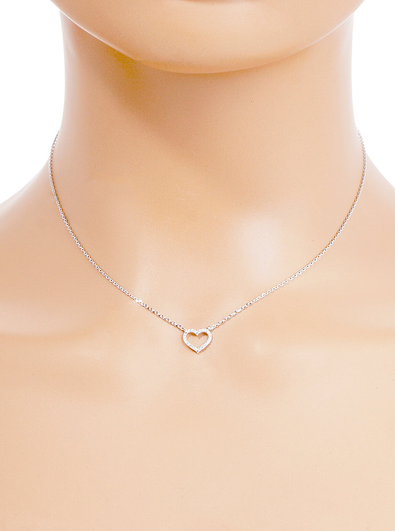 White Gold Dipped CZ Pave Heart Pendant Delicate Necklace