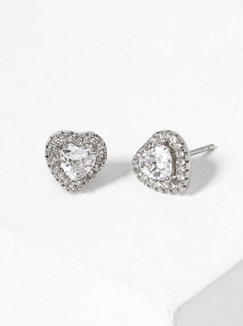 White Gold Dipped CZ Pave Heart Post Stud Earrings