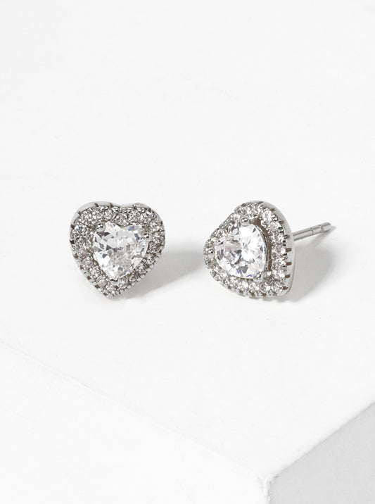 White Gold Dipped CZ Pave Heart Post Stud Earrings