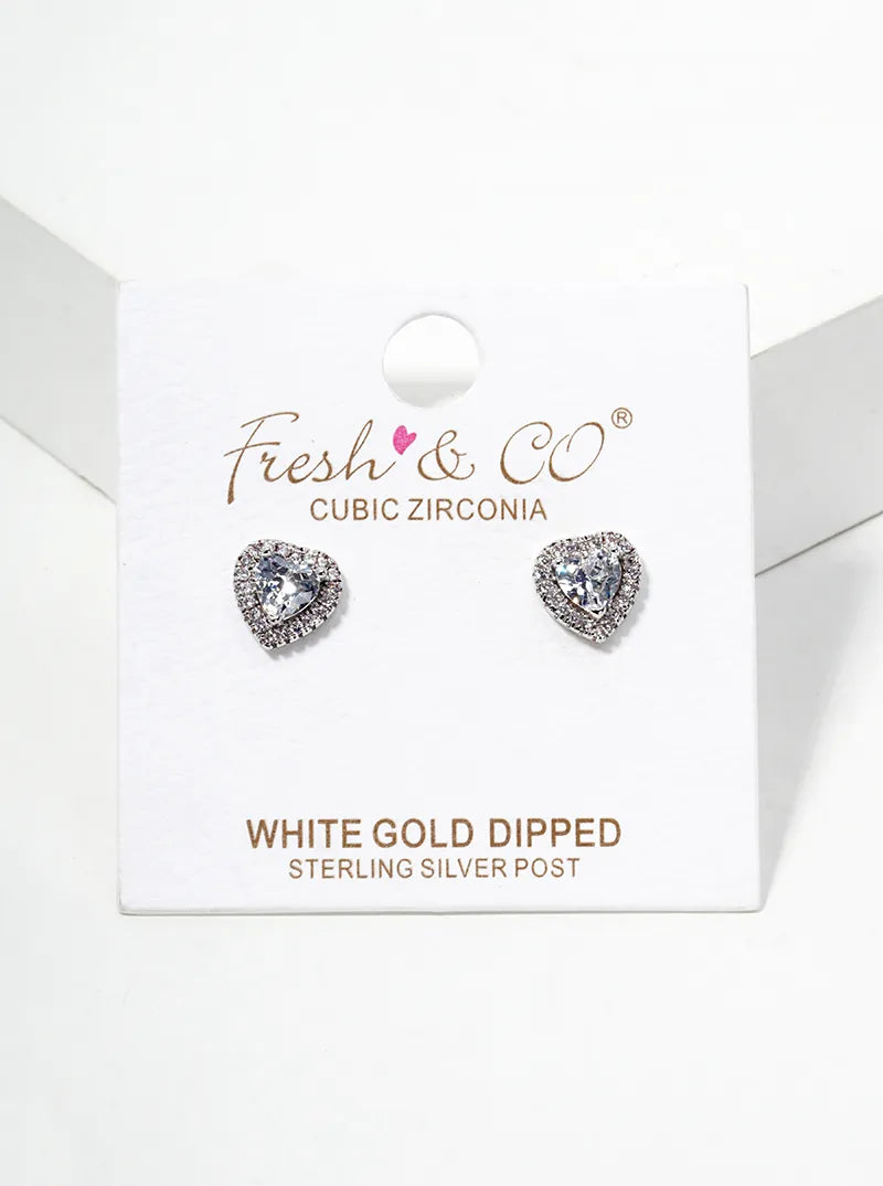 White Gold Dipped CZ Pave Heart Post Stud Earrings