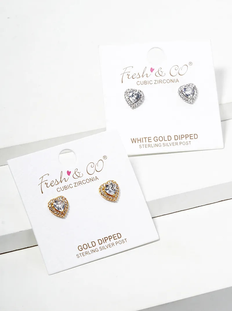 White Gold Dipped CZ Pave Heart Post Stud Earrings